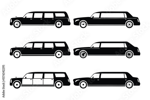 Fleet of Luxurious Transportation: A collection of sleek, black limousine silhouettes, perfect for conveying sophistication and elegance.
