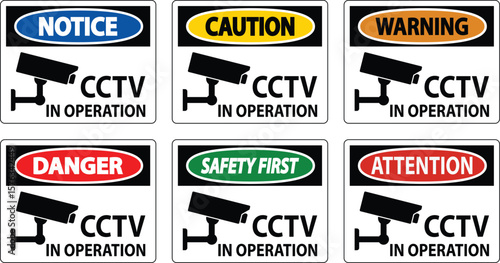 Collection of Security Camera Signs with Different Warning Labels and Colors