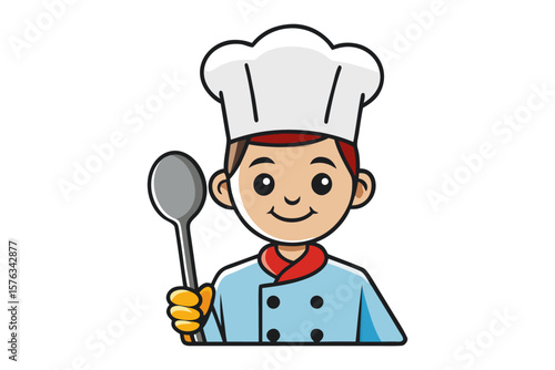 Chef holding a spoon: An illustration of a friendly cartoon chef, dressed in a traditional toque blanche and uniform, holding a spoon. Ideal for culinary projects.