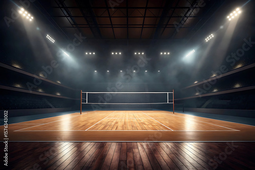 Empty Volleyball Court with Net Hardwood Flooring and Stadium Lighting in a Dark Arena