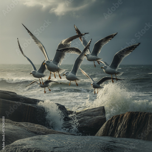 Flock of seagulls flying over choppy ocean waves birds