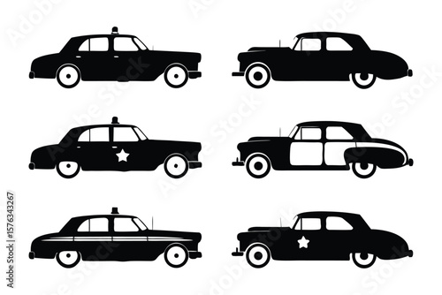 Vehicular Ensemble: An array of classic police cars, rendered in silhouette, showcases a timeless era of law enforcement and automotive design.