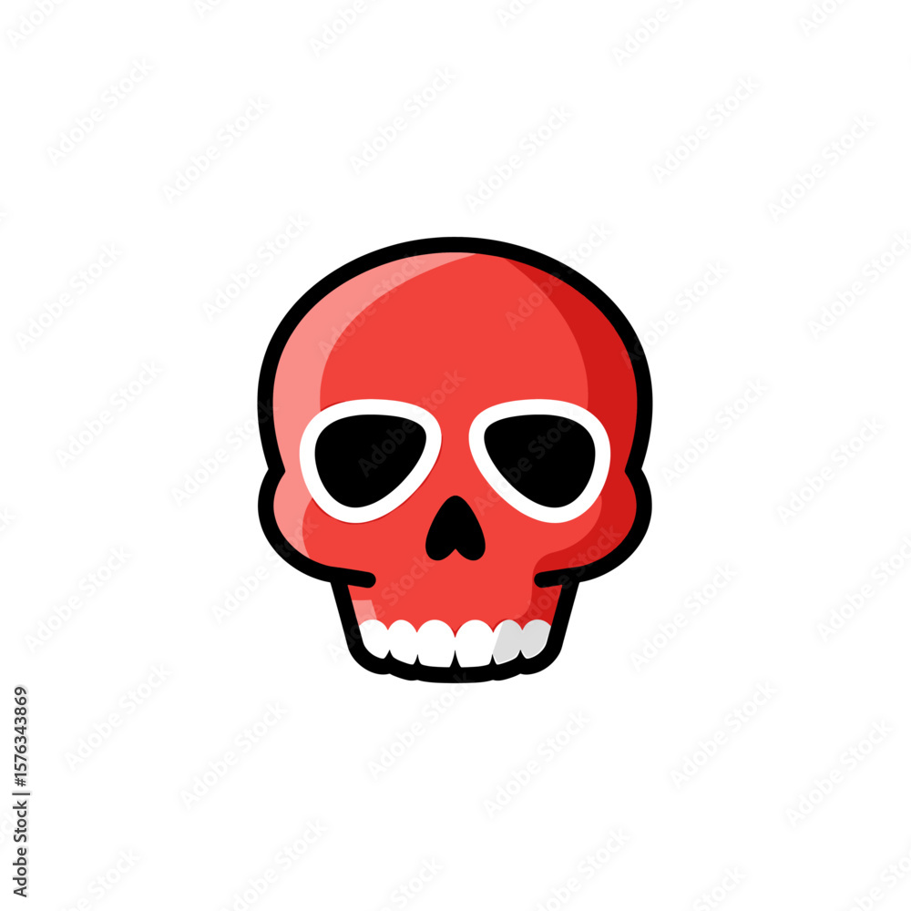 Fototapeta premium Flat vector illustration of red skull icon with bold black outline and white teeth on clean background