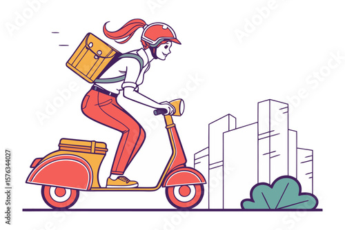 Female on Scooter Delivery: A young female wearing helmet delivers package with scooter, illustration of a woman on a scooter set against a cityscape.