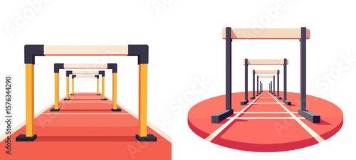 Empty hurdles on red track in minimalist style with pastel colors  