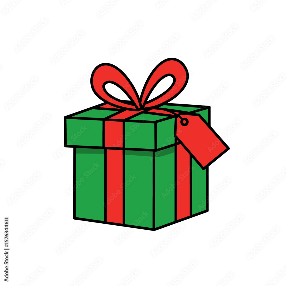 Obraz premium Green and Red Christmas Present Icon Tag Bold Black Outline Simple Design