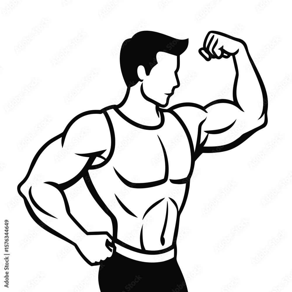 Fototapeta premium Muscular man flexing biceps and chest muscles in a tank top silhouette