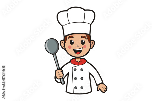 Happy Chef's Culinary Creation: A smiling chef, radiating warmth, joyfully brandishes a cooking spoon, ready to create delightful meals in a charming cartoon setting.