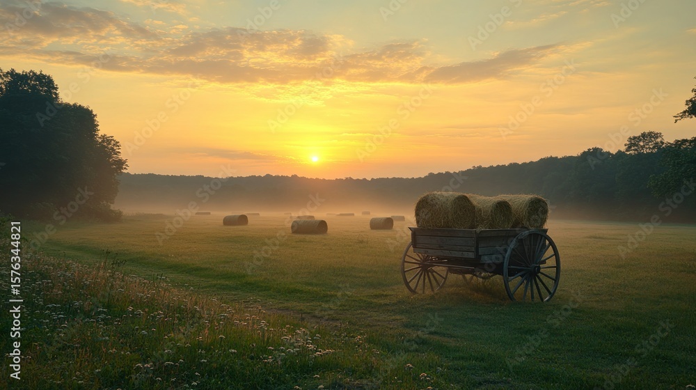 Fototapeta premium Misty sunrise over a hay wagon