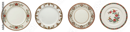 Decorative ceramic plates with floral designs isolated on transparent background