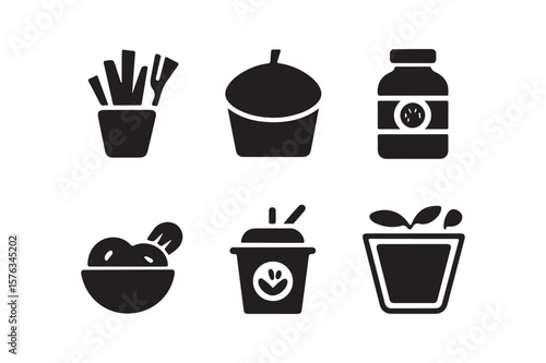 Collection of simplified black food and drink icons on a white background