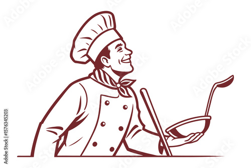 Culinary Visionary: A chef, in a classic uniform, embodies the essence of culinary artistry, a symphony of flavors, and skillful execution with a ladle and wooden spoon.