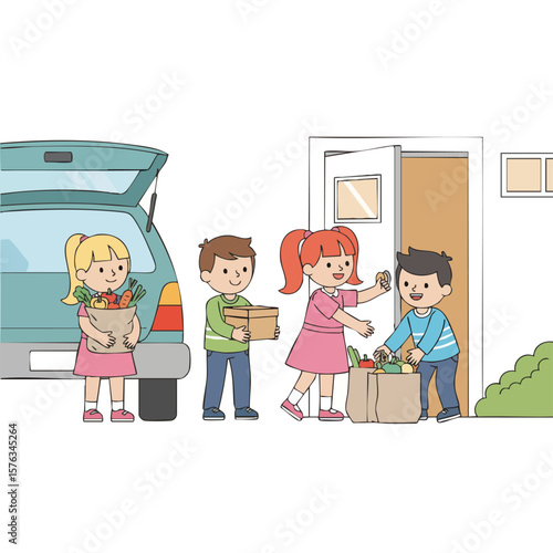 Flat Style Cartoon Family Unloading Groceries from Car Illustration