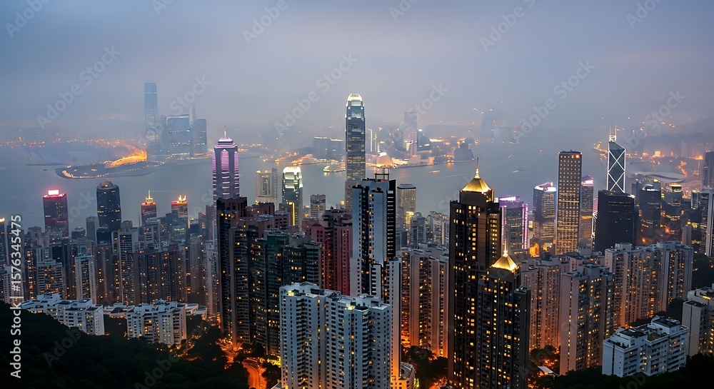 Fototapeta premium Panoramic twilight view of hong kong s illuminated skyline from victoria peak showcasing dense urban development and harbor lights