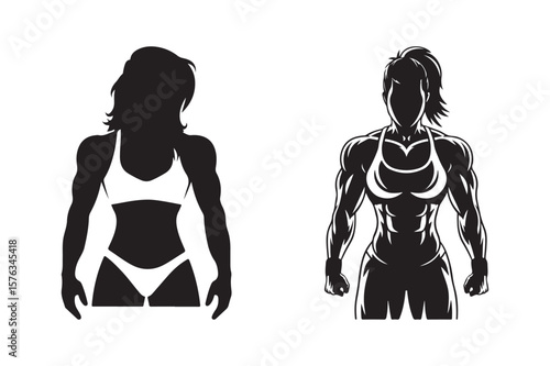 Silhouettes of muscular women in athletic wear showcasing fitness