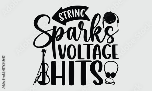 String Sparks Voltage Hits- Electric Violin T-shirt Design, artistic hand-drawn icon on clean background. Trendy vector illustration perfect for music lovers and custom shirt graphics.