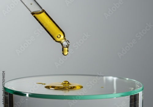 Wallpaper Mural A glass dropper releasing a golden liquid onto a petri dish with a green rim, creating a small puddle. Highlights scientific or cosmetic applications. Torontodigital.ca