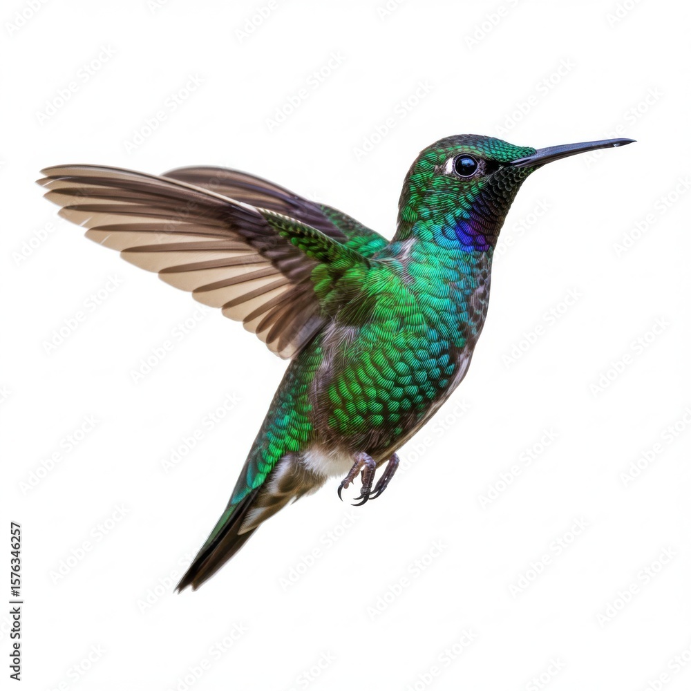 Fototapeta premium Green hummingbird in flight, isolated on white background