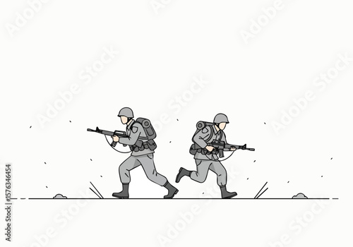 Minimalist Line Running Soldier Illustration Military Action Armed Forces Graphics