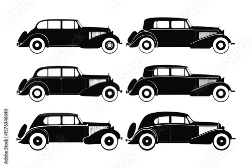 Vintage Automobile silhouettes: A collection of elegant vintage cars, rendered in sleek black silhouettes against a clean backdrop, showcasing timeless design and the spirit of classic motoring.