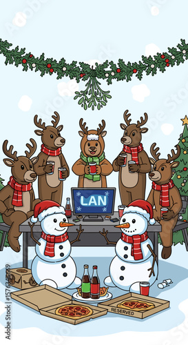 Reindeer and snowmen have a holiday office party, celebrating with pizza. Christmas party invitation at the IT office