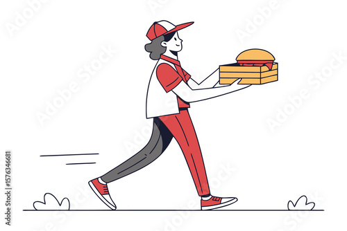 Food Delivery Dash: A dynamic illustration of a food delivery worker in uniform, quickly carrying a burger order in a box.