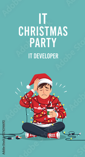 Programmer tangled in Christmas lights feels stressed, illustration for festive e-card. Christmas party invitation at the IT office