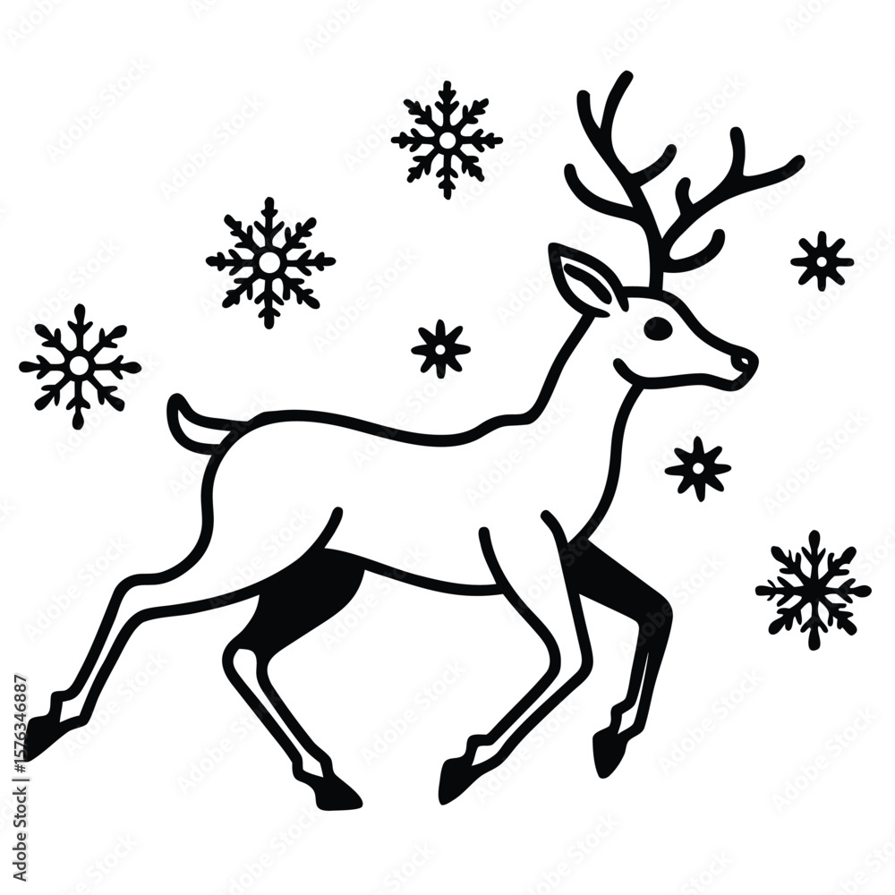 Fototapeta premium Stylized reindeer silhouette with snowflakes in a winter scene