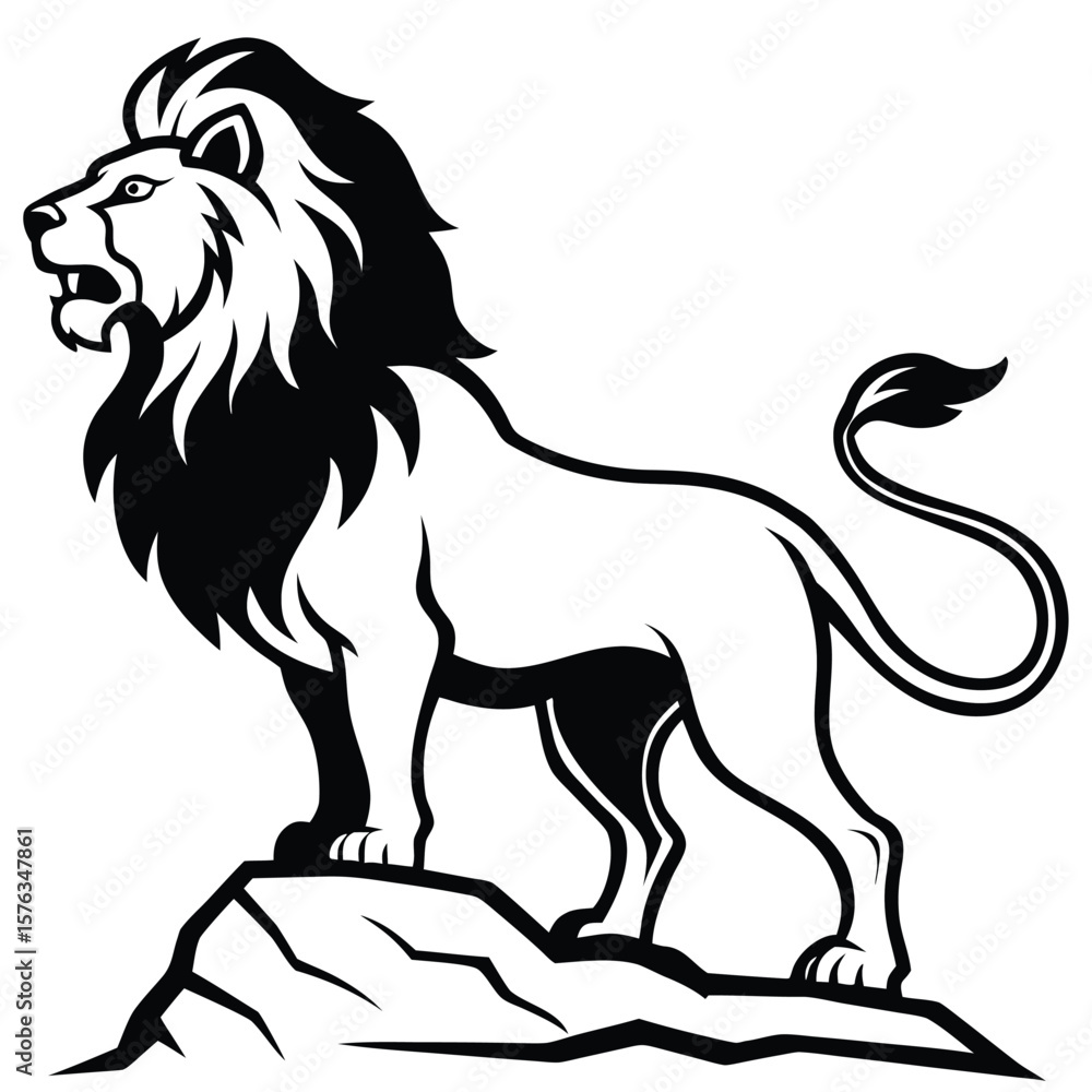 Fototapeta premium Majestic lion standing proudly on rocks silhouette
