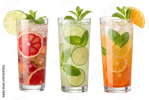 Set of six refreshing summer beverages in highball glasses. Includes iced tea with lime, mojito with mint, grapefruit cooler, tequila sunrise with cherry, and orange juice cocktail. Isolated on transp