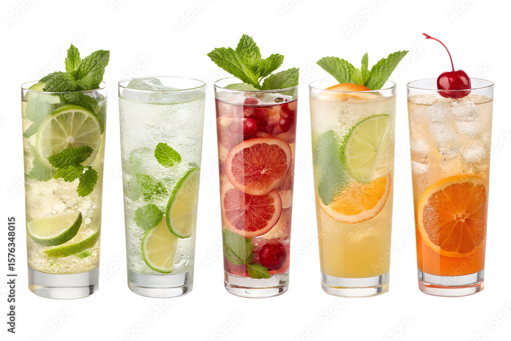 Fototapeta premium Set of six refreshing summer beverages in highball glasses. Includes iced tea with lime, mojito with mint, grapefruit cooler, tequila sunrise with cherry, and orange juice cocktail. Isolated on transp