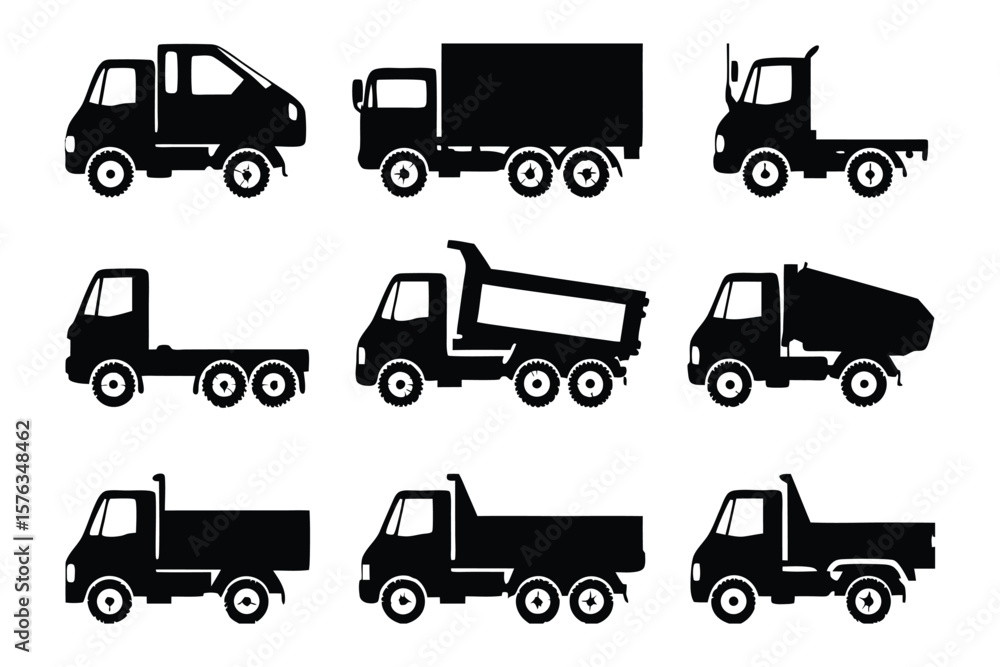 Silhouette Trucks Collection: A set of various monochrome illustrations of diverse truck silhouettes, perfect for logistics, transport, and industry-related projects. Silhouette Trucks Collection: A set of various monochrome illustrations of diverse truck silhouettes, perfect for logistics, transport, and industry-related projects.