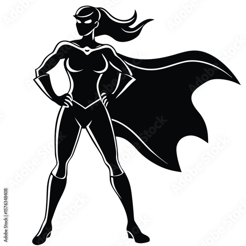 Powerful female superhero standing confidently with flowing cape silhouette