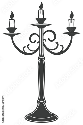 A stylized, black silhouette of a three-armed candelabrum with lit candles on each arm. The design features elegant, curved lines and a sturdy base.