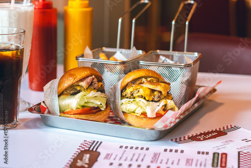 Classic Diner Cheeseburgers with Fries and Drinks