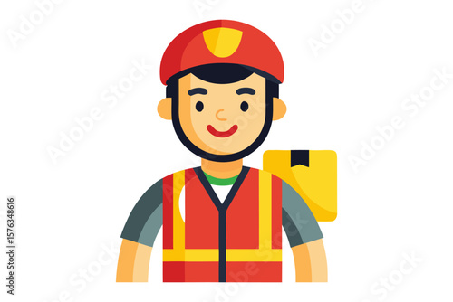 Delivery Worker Portrait: A smiling delivery worker, in uniform with a red safety vest and a yellow package on his back, ready to transport essential items.