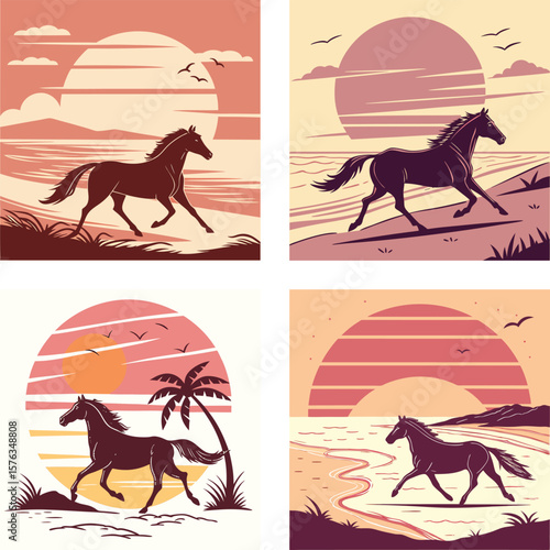 A silhouette of a horse runing on a beach with a retro sunset. 