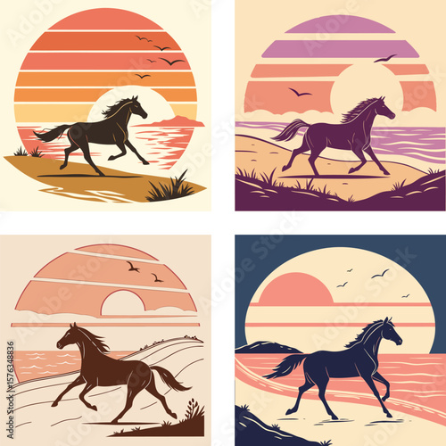 A silhouette of a horse runing on a beach with a retro sunset. 