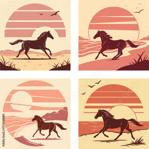 A silhouette of a horse runing on a beach with a retro sunset. 