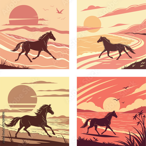 A silhouette of a horse runing on a beach with a retro sunset. 