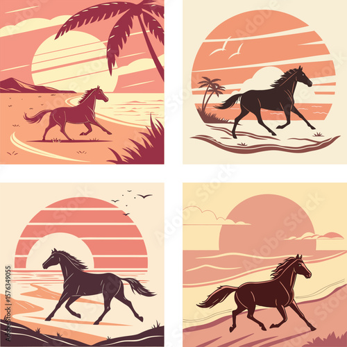A silhouette of a horse runing on a beach with a retro sunset. 