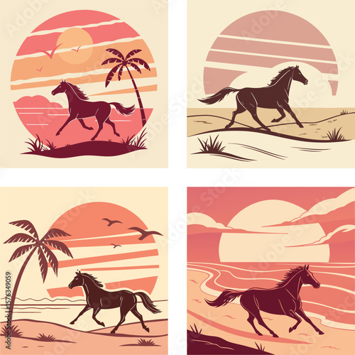 A silhouette of a horse runing on a beach with a retro sunset. 