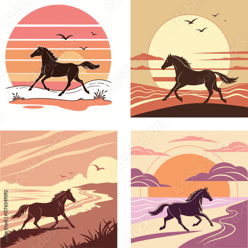 A silhouette of a horse runing on a beach with a retro sunset. 