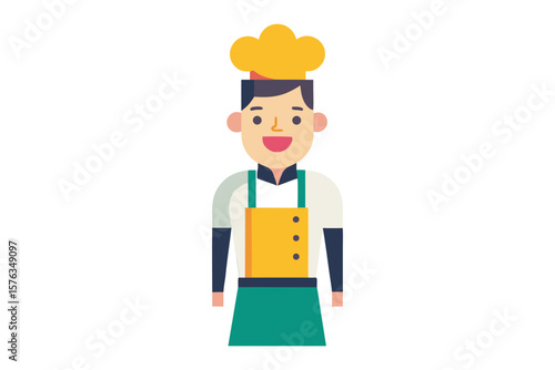 Chef's Culinary Portrait: A cheerful illustration of a chef, clad in a traditional uniform, radiates warmth and hospitality, perfect for culinary projects.