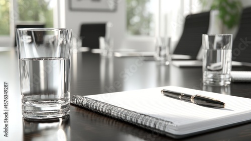 Meeting room table with water glass, notepad, and pen