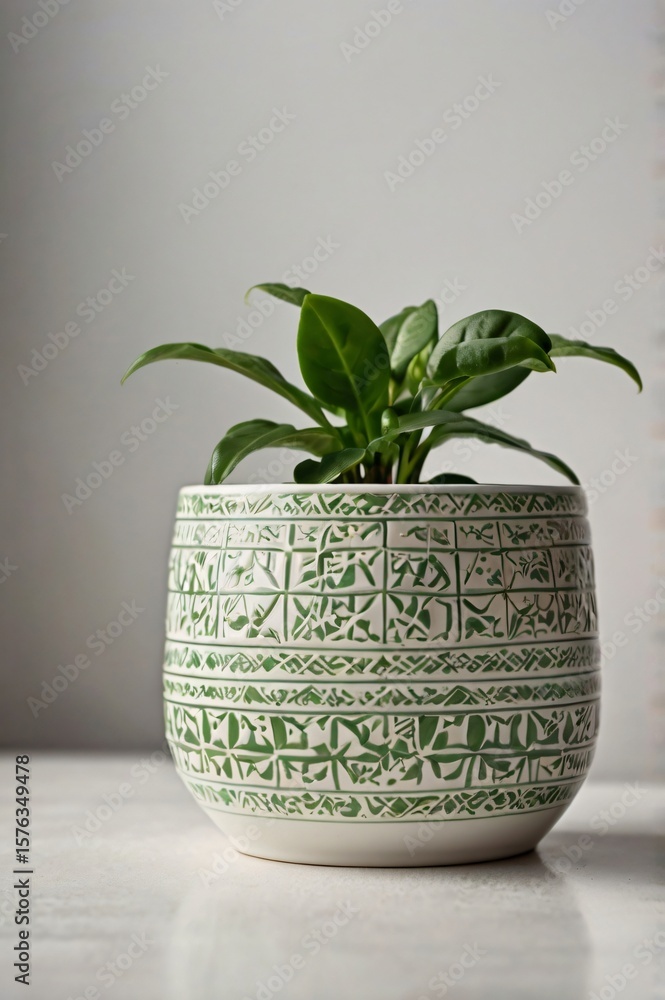 A photorealistic vertical stock image of a small green houseplant in a decorative textured white ceramic pot, placed against a clean plain white background. A photorealistic vertical stock image of a small green houseplant in a decorative textured white ceramic pot, placed against a clean plain white background.