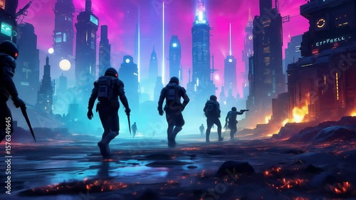 Silhouetted Soldiers in Futuristic City at Night