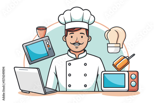 Culinary Maestro: A cheerful chef surrounded by culinary tools, laptop in front. An illustration of the culinary chef.