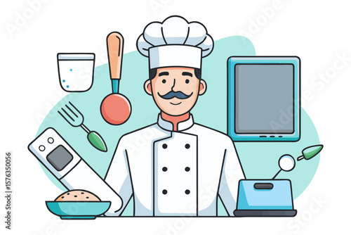 Culinary Maestro: A cheerful chef stands surrounded by essential tools, embodying culinary expertise and enthusiasm in the kitchen environment.