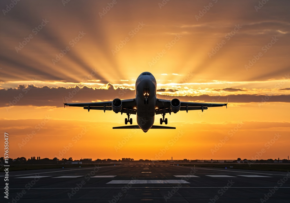 Fototapeta premium Airplane taking off at sunset
